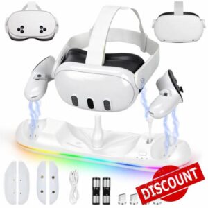 Charging Dock for Meta Quest 2/3/3S VR Charging Dock Stand for for Oculus/Meta Quest 2/3/3S Magnetic Charging Station for VR Headset & Controllers Quest 2/3/3S Accessories with RGB & Batteries