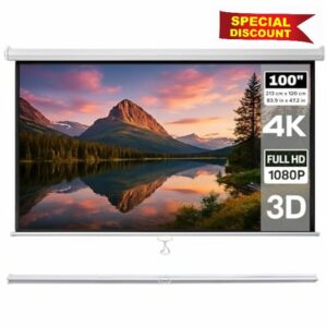 Large Size Pull Down Projector Screen 16:9 100” - 4K/1080P/3D/HD Ready - Wall or Ceiling Mount - 213x120cm / 84”x47” - Retractable With Auto-Lock - White Projection Screens - Home Cinema Or Office Use