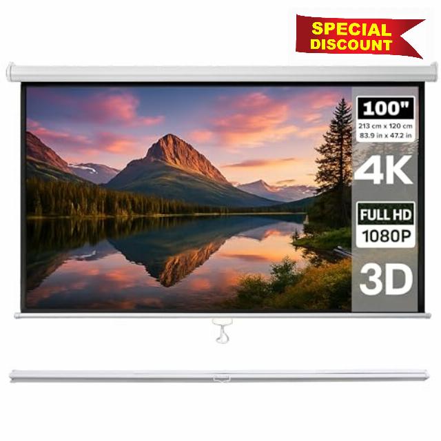 Large Size Pull Down Projector Screen 16:9 100” - 4K/1080P/3D/HD Ready - Wall or Ceiling Mount - 213x120cm / 84”x47” - Retractable With Auto-Lock - White Projection Screens - Home Cinema Or Office Use