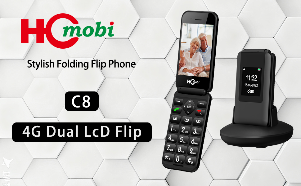Text reads 'HC mobi', 'Stylish Folding Flip Phone', 'C8', '4G Dual LCD Flip'. Marketing banner showing flip phone product images with technical specifications on hexagonal background pattern.