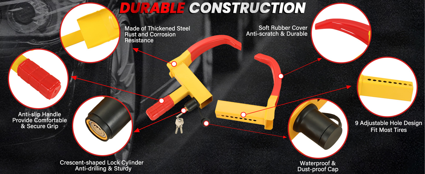 Bicycle lock features: yellow U-shaped lock, red flexible cable, anti-scratch coating, hardened steel construction, adjustable mounting bracket. Close-up images highlight durable materials and secure locking mechanism.
