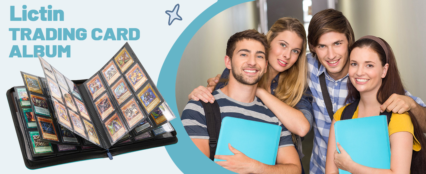 Trading card storage binder featuring 28 pages with 504 side-loading pockets, designed to fit 3.5