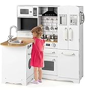 Children's play kitchen set in blue and white. Features stovetop, sink, shelving, and storage. Accessories include pots, utensils, play food items, and decorative potted plants on lower shelf.