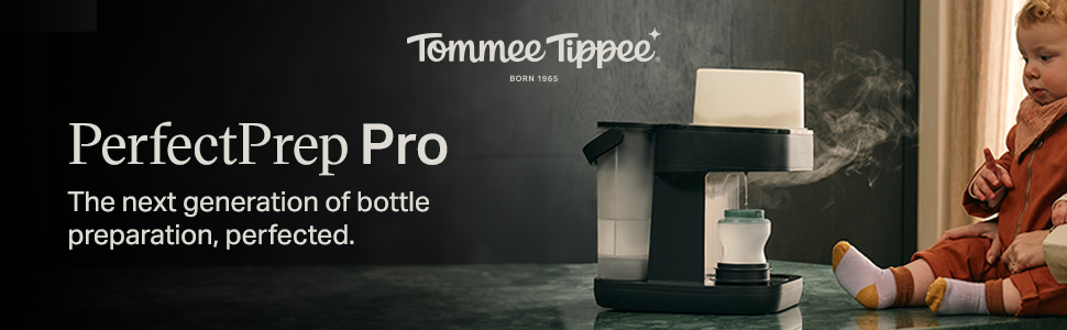 Text reads 'PerfectPrep Pro' and 'The next generation of bottle preparation perfected.' Product demonstration showing hands using a baby bottle preparation device.