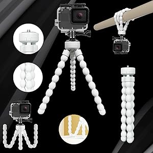 Flexible white tripod mount with ball-jointed segments, shown with action camera attachment. Multiple views demonstrate bendable positioning capabilities.