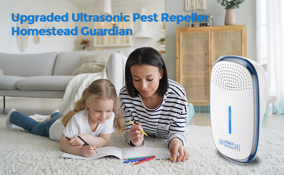 Ultrasonic pest repeller device on table. Two children lying on carpet, writing or drawing. Text reads 'Upgraded Ultrasonic Pest Repeller: Homestead Guardian'.