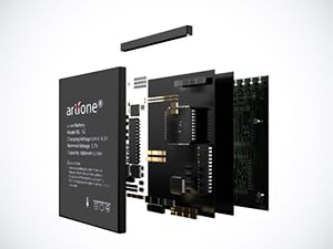 Exploded view of a computer component, likely an SSD or storage device, showing multiple layers including PCB, chips, and outer casing.