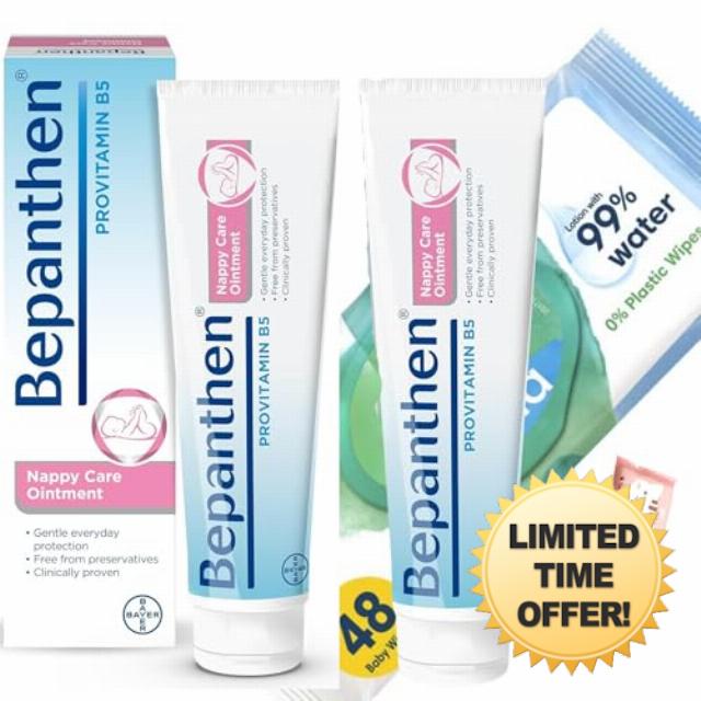 ASBQuality Nappy Change Bundle | 2 x Bepanthen Nappy Rash Cream 100g + 2 x ASBQuality Cotton Pads + 1 x Harmonie Aqua Baby Wipes (48) | Relieves Irritation & Redness | Nappy Cream