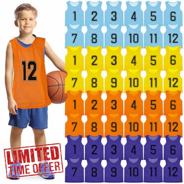48Pcs Team Sports Pinnies Youth Scrimmage Vest Soccer Training Vest Mesh Numbered Football Jersey for Kids Youth (4 Colors)