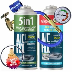 AC FIX 5-in-1 – R1234yf + 2 in 1 + Hose + Adapter Refrigerant for Car Air Conditioning with Oil