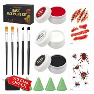 Oiomniv 15PCS Halloween Black White Red Face Body Paint Water Based Face Painting Kit with 5 Brushes 4 Sponge 2 Stickers