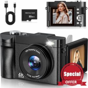 4K Digital Camera 50MP Autofocus Vlogging Camera 2.8' 180° Flip Screen with 16X Digital Zoom Compact Digital Camera with 32GB Card for Teenagers Beginners