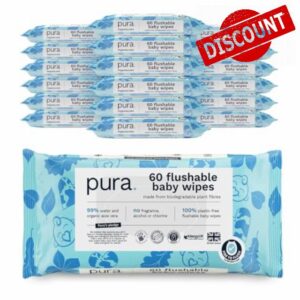 Pura Flushable Baby Wipes - 18 x 60 per pack (1080 Wipes) 100% Plastic Free