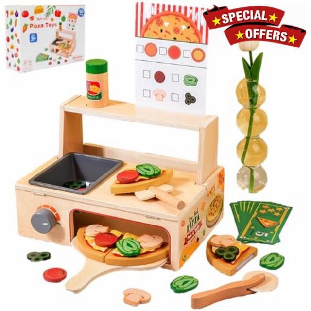 Caossuixin 50 PCS Pizza Wooden Toys