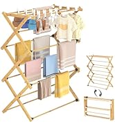 Wooden clothes drying rack with multiple levels. Shown fully extended with colorful towels and clothing items hanging. Includes folded and compact views of the rack.
