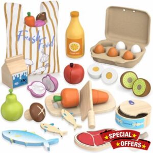 Wooden Play Food Toys for Kids - Pretend Play Kitchen Accessories for Toddlers
