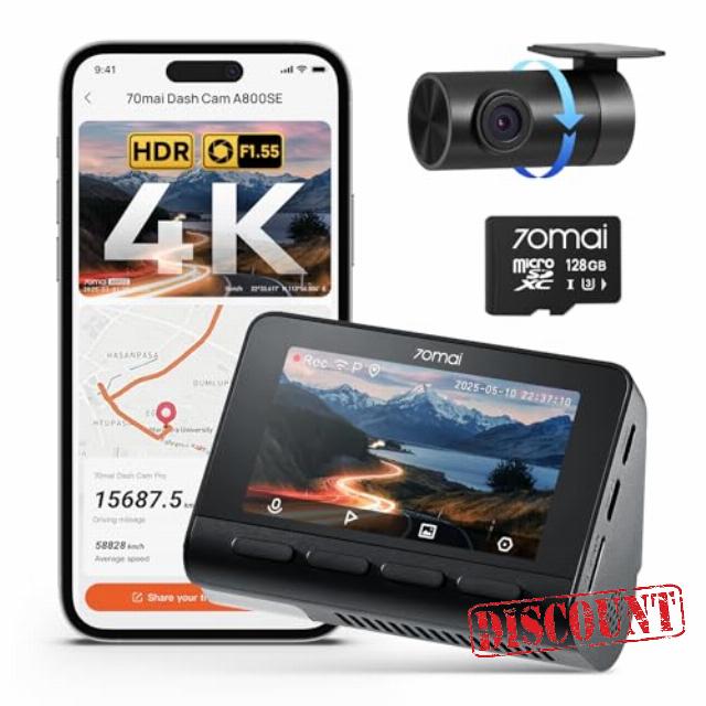 70mai A800SE Dash Cam Car Front Rear 4K UHD+1080P with GPS WiFi