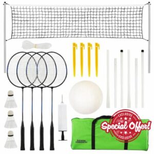 The Magic Toy Shop 2-in-1 Portable Badminton and Volleyball Set for 4 Players with Adjustable Net – Rackets