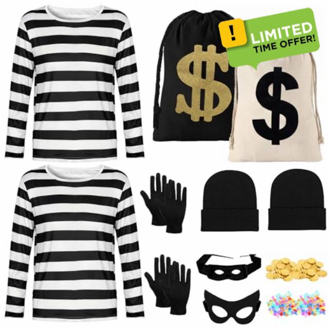 Maazusa Halloween Burglar Couple Costumes for Men Women Black-White Striped Prison Costumes Sleeves Thief Fancy Dress Outfit for Halloween Party