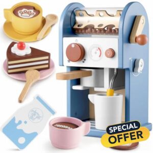 GAGAKU Wooden Coffee Machine Toy with Grinder,15 pcs Wood Play Kitchen Accessories for Kids Non-Toxic Pretend Play Barista Set Learning Gift for Toddlers Girls Boys Ages 3+