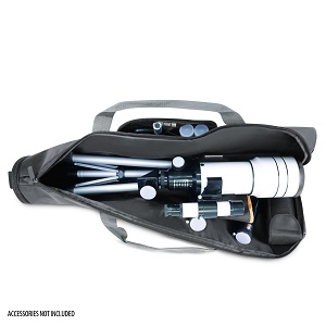 Black camera bag or case shown from different angles, featuring straps and multiple compartments with zipper closures.