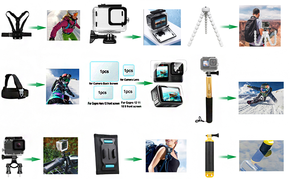 Circular arrangement of outdoor adventure photos including camping, hiking, skiing, and skydiving, surrounding center display of camping and outdoor gear items.