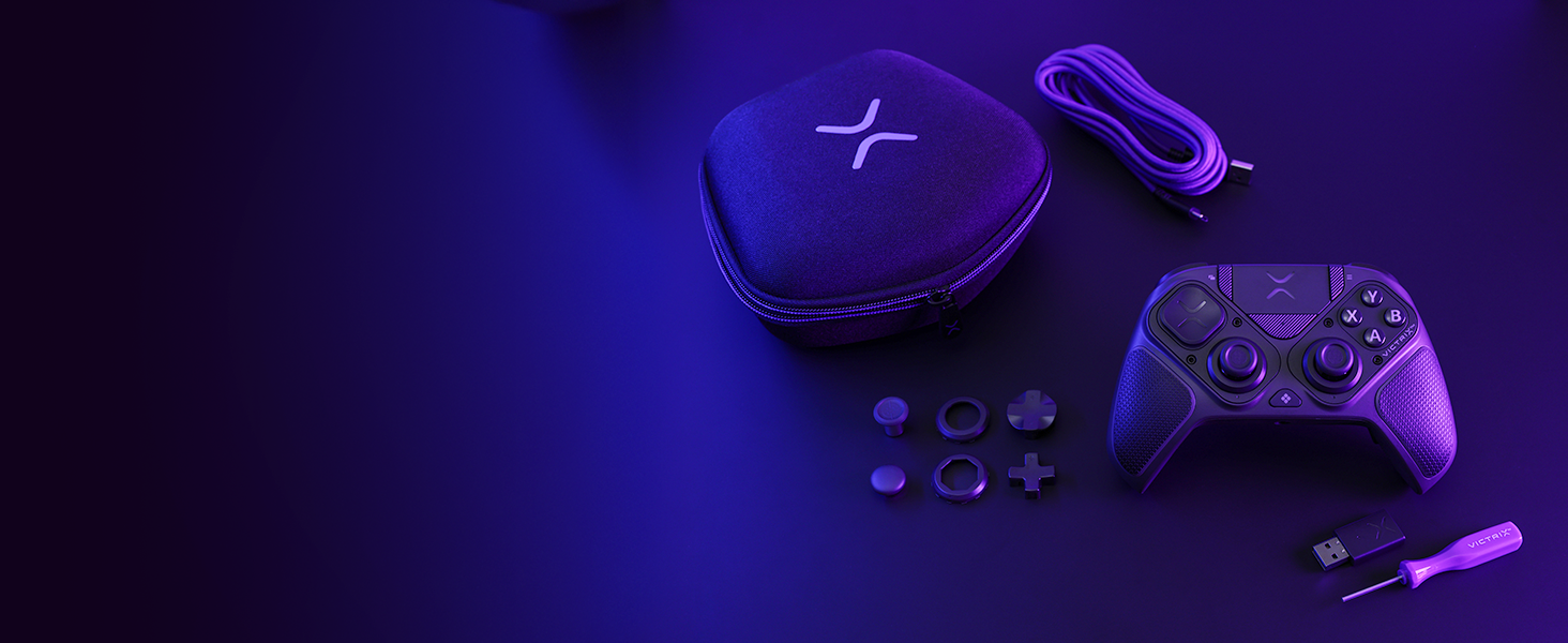 Gaming controllers and accessories displayed against deep blue/purple lighting, creating a dramatic gaming setup atmosphere.