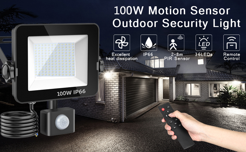 100W outdoor LED security floodlight with motion sensor and remote control, shown mounted near house with IP66 waterproof rating.