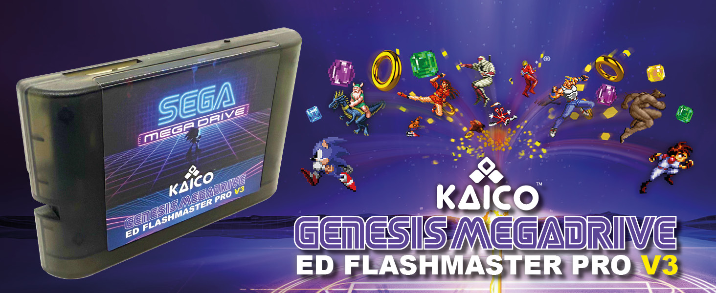 Retro gaming cartridges and text reading 'KAICO' against blue background with pixelated characters. 'ED FLASHMASTER PRO V3' text visible on device.