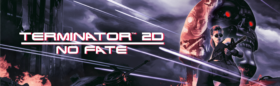 Text reads 'TERMINATOR: NO FATE'. Dark, futuristic gaming or movie promotional images with blue lighting effects and technological elements.