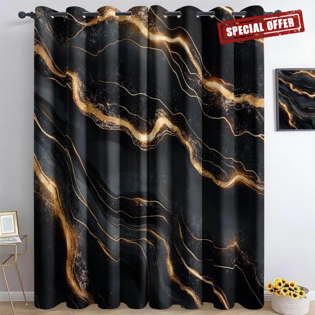 Black Gold Marble Pattern 3D Print Pattern Thermal Insulated Window Drapes For Kids Boys Girls Bedroom Living Room 46 X 72 Inch Drop 2 Panels Curtains Eyelet Blackou
