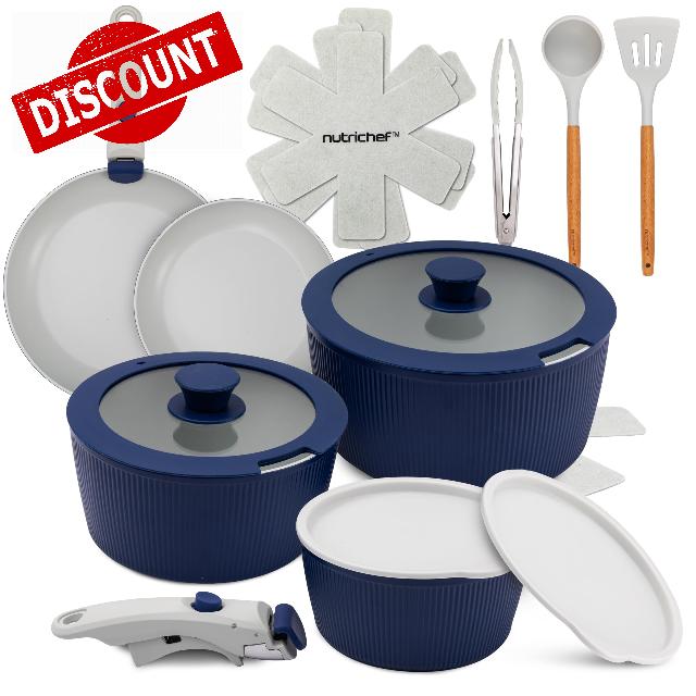 NutriChef 18-Piece Ceramic Cookware Set with Detachable Handles