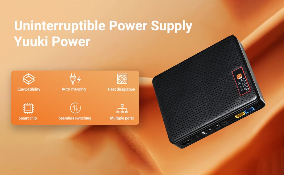 Black rectangular Yuuki Power uninterruptible power supply device with LED display, shown against orange background. Features compatibility, auto-charging, heat dissipation, smart chip, seamless switching, and multiple ports.