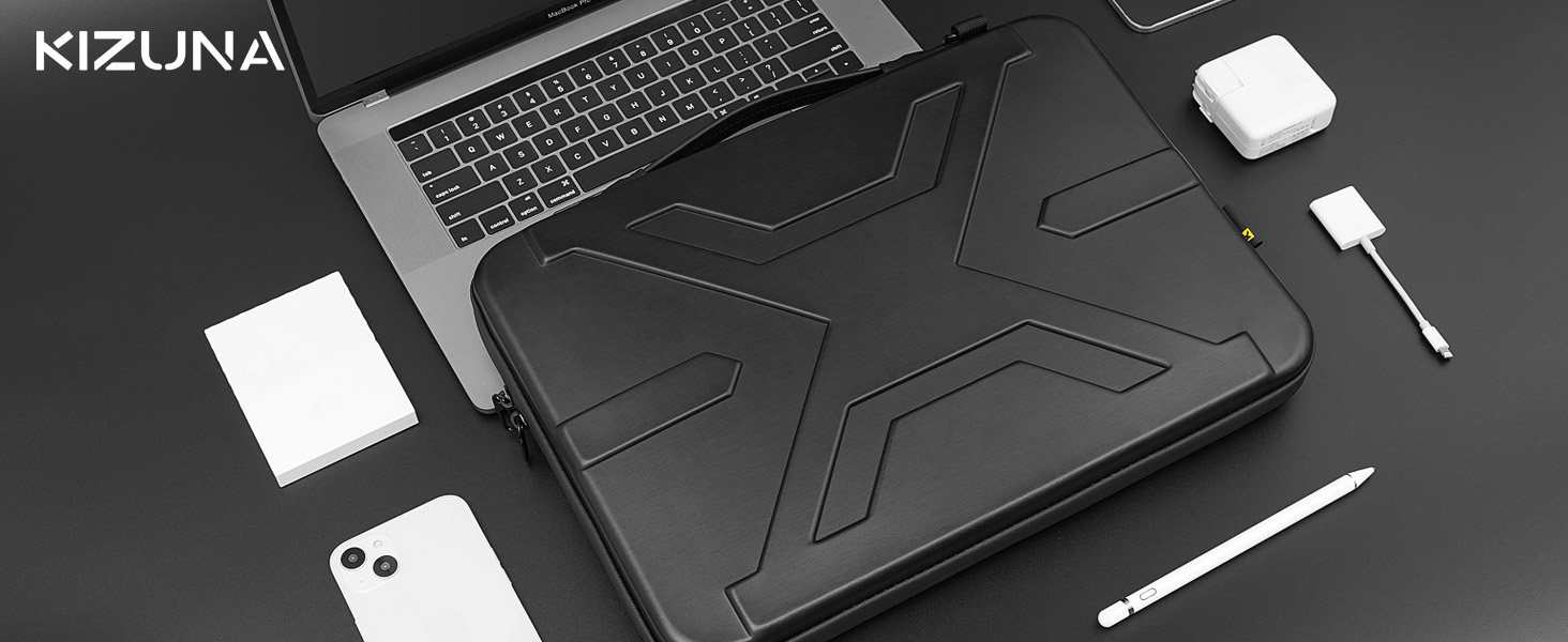 Black laptop case with X-shaped raised pattern, displayed alongside a laptop, smartphone, and various accessories on a dark surface. Brand name 'KIZUNA' visible.
