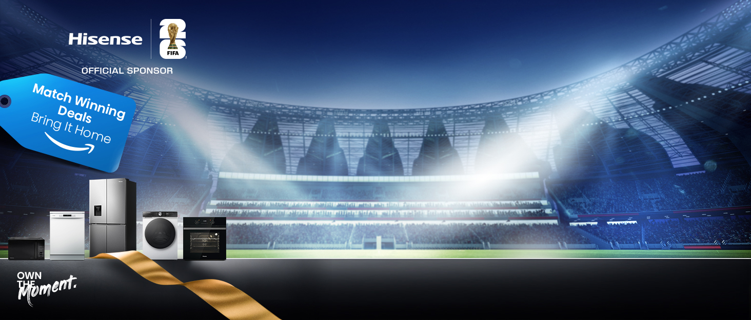 Text reads 'Hisense'. Stadium or arena setting with dramatic blue lighting and illuminated advertising boards displaying the Hisense brand.