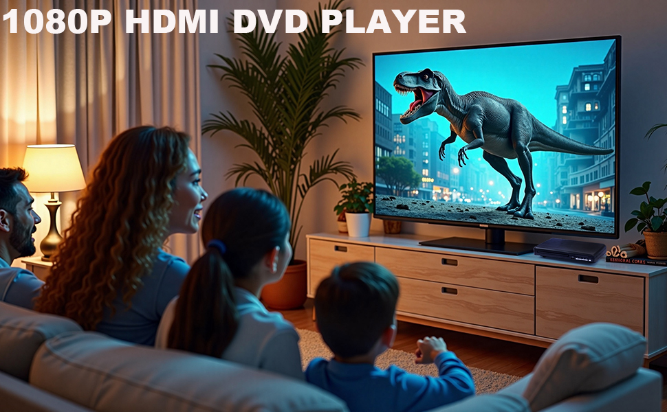 Text reads '1080P HDMI DVD PLAYER'. Series of home entertainment scenes showing TV screens with colorful content in dimly lit rooms.