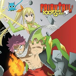 Animated battle scene from 'FAIRY TAIL' anime featuring magical combat with fire effects and dynamic character poses against red background.