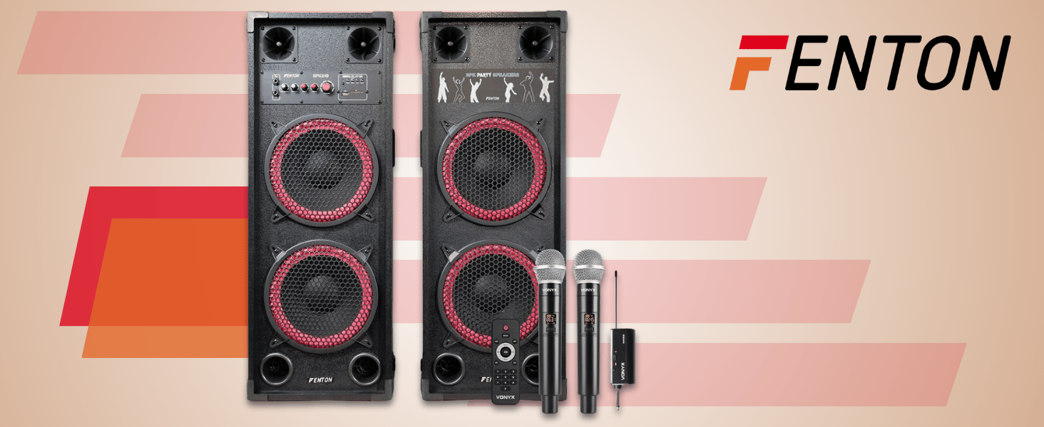 Text reads 'FENTON'. Audio equipment display showing two black speakers with red LED rings and microphones against pink-tinted backdrop.