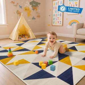 Aspire Homeware Kids Rugs Living room 120 x 170 Anti Slip Geometric Style Bedroom Rug – Soft Easy to Clean Carpets for Nursery Room Playing mat – Non-Shedding Large Yellow Area Rugs for Lounge(Brio)