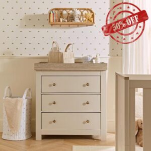 CuddleCo Luna Baby Changing Table in Cashmere & Ash with Brushed Gold Handles