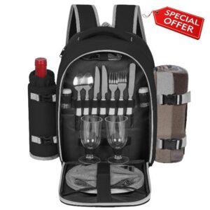 Picnic Backpack for 2 Person with 2 Insulated Leakproof Cooler Compartments