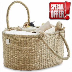 Jeorywoet 16x11x7 Inch Nappy Caddy Baby Caddy Organic Seagrass Diaper Basket with Handles Organizer for Home Nursery Car Travel