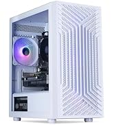 White computer tower case with vertical slats, transparent side panel showing purple LED fan and internal components. Compact design with visible expansion slots and front I/O panel.
