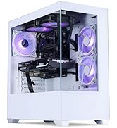 White computer tower case with transparent side panel, showcasing internal components. Four blue LED fans visible, three on front mesh panel and one inside. Sleek design for optimal airflow and visual appeal.