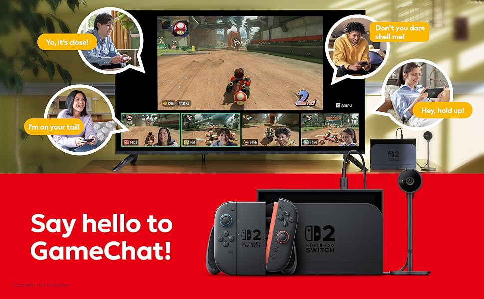 Text reads 'Play new, exclusive games on Nintendo Switch 2' and 'and compatible Nintendo Switch games'. Shows video game box art for multiple titles.