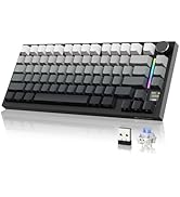 Compact mechanical keyboard with gray and yellow keycaps, wireless connectivity indicated by USB dongle in image.