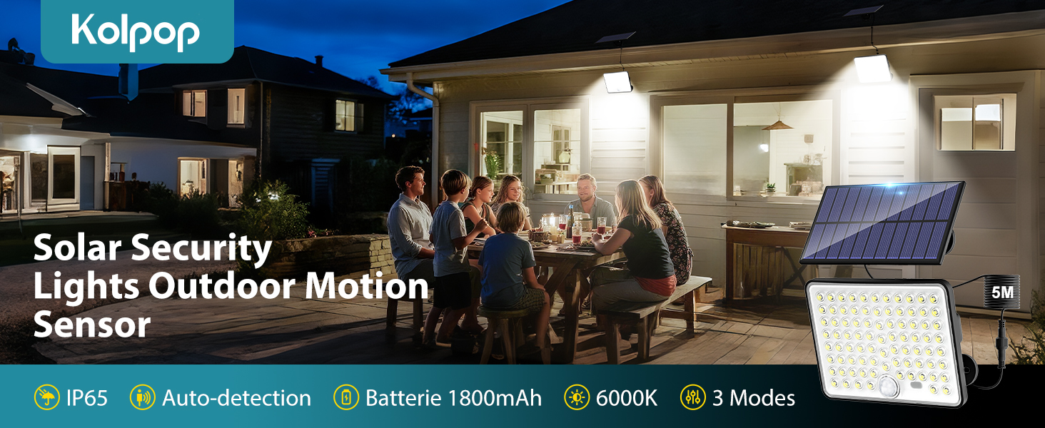 Text reads 'Kopoo Solar Security Lights Outdoor Motion'. Night scene showing illuminated house exterior with security lighting demonstrating motion detection coverage areas.