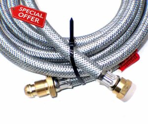 5m OVER BRAIDED POL x W20 CARAVAN PIGTAIL GAS HOSE WITH NRV & EFV