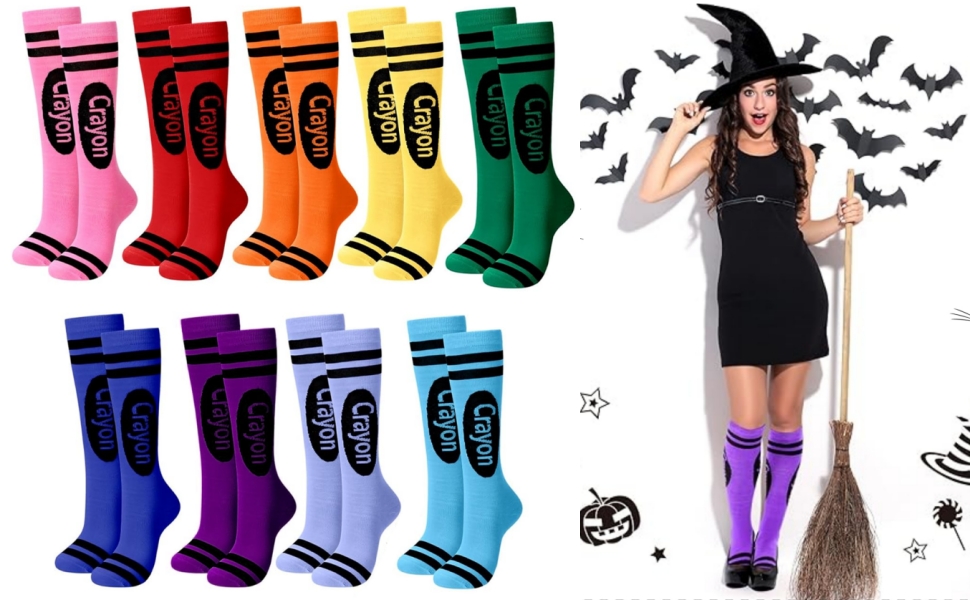Collection of colorful socks featuring Halloween-themed designs, displayed in various colors including pink, red, orange, yellow, green, blue, and purple with bat motifs.