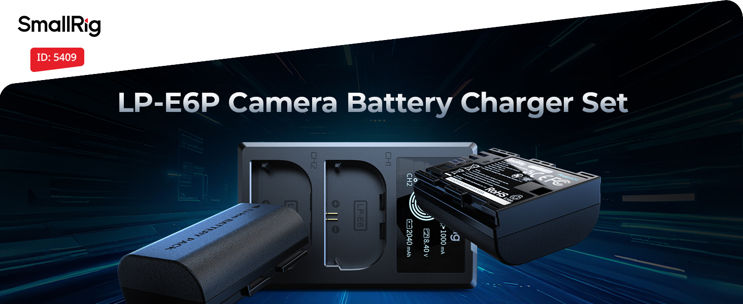Text reads 'SmallRig' and 'LP-E6P Camera Battery Charger Set'. Multiple views of a black camera battery charger with attached cable shown being used with phone.